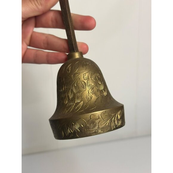 VTG 1990s Solid Brass Bell – Bottle Opener Handle, Engraved Leaf Pattern 7" Tall - Picture 5 of 6
